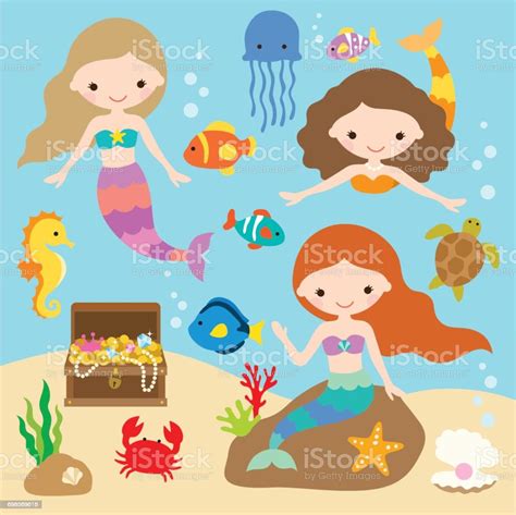 Mermaids Under The Sea With Fishes Jellyfish Seahorse Crab Starfish