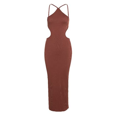 Wholesale Summer Women Sexy Backless Sleeveless Halter Neck Solid Color Cut Out Bodycon Dress