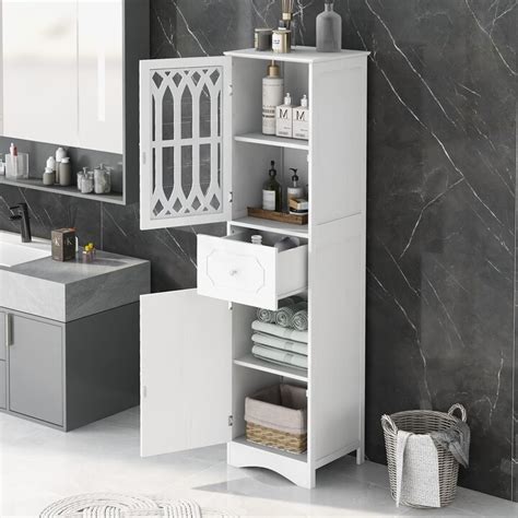 Odc Linen Tower Corner Bathroom Storage Cabinet White Freestanding With