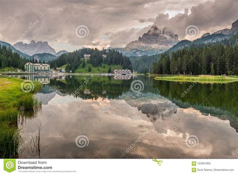 Reflections In Lake Misurina Stock Image Image Of Building Forest
