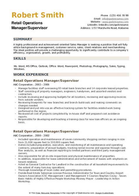 Retail Operations Manager Resume Samples Qwikresume