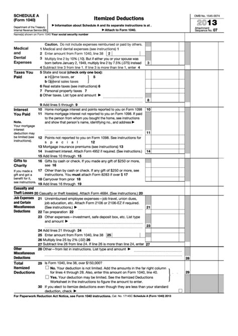 Fillable Schedule A Form 1040 Itemized Deductions 2013 Printable