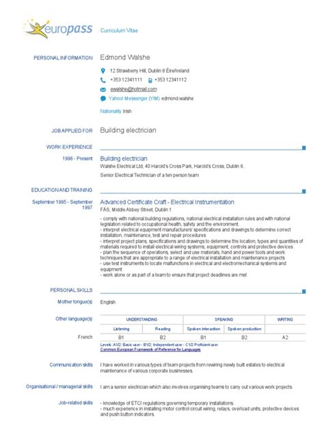 Europass Cv Example 1 En Ie Electrician Professional Certification