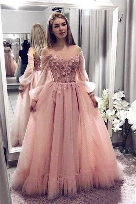 Princess Ball Gown Blush Pink Lace Prom Dresses With Long Sleeves Okk55