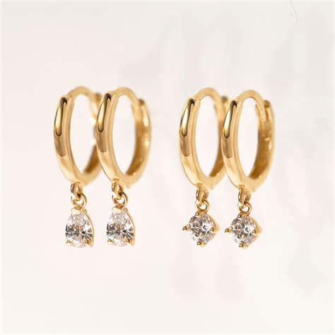 Huggie Drop Earrings 14k Gold Hoops Dangle Huggie Earrings Amy O