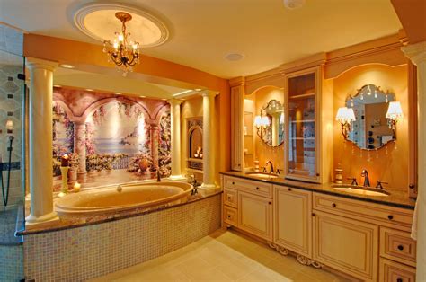 This classic bathroom by pegasus builders, via houzz, would be on the neutral side without the wallpaper; best bathrooms 2017 - Grasscloth Wallpaper