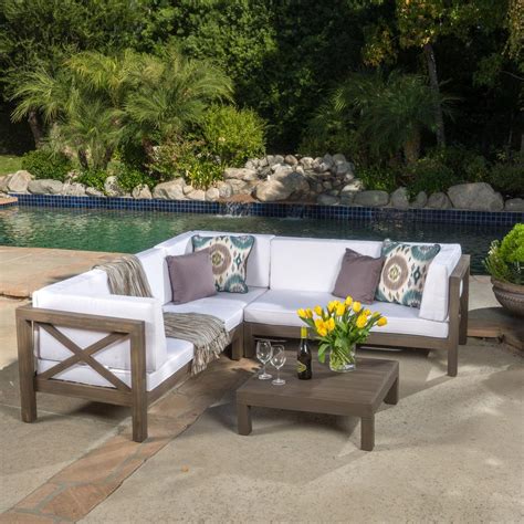 Noble House Brava Gray 4 Piece Wood Outdoor Sectional Set With White
