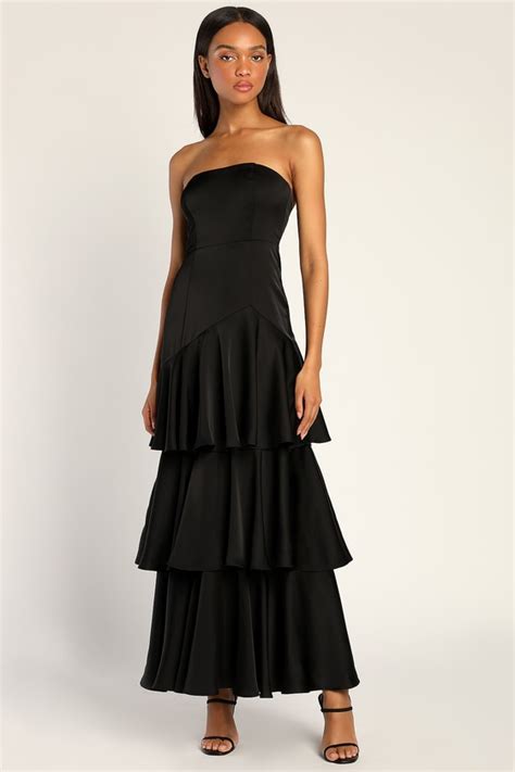 Black Satin Maxi Skirt Tiered Maxi Dress Strapless Gown Lulus