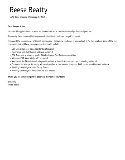 Assistant Golf Professional Cover Letter Velvet Jobs