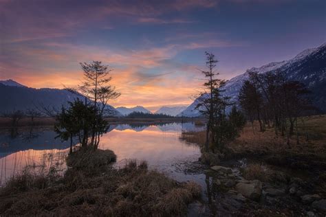Nature Photography Landscape Lake Sunset Mountains Trees Snow