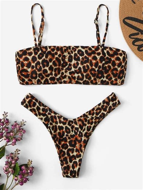 Shein Leopard Print Bandeau With High Leg Bikini Set Bikinis High