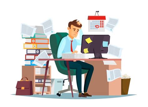 Man Overwork In Office Vector Illustration Of Cartoon Manager Sitting