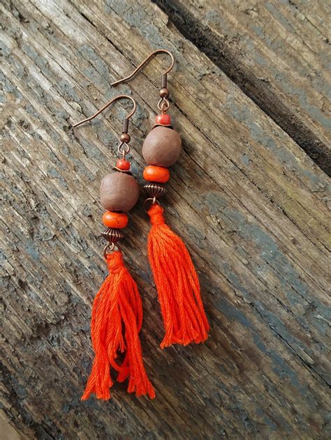 tassel earrings orange boho earrings bohemian earrings mom etsy