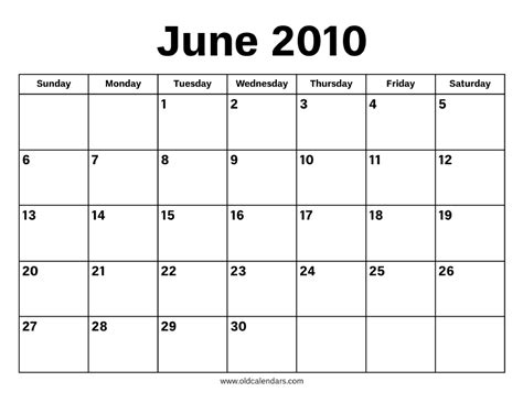 June 2010 Calendar Printable Old Calendars
