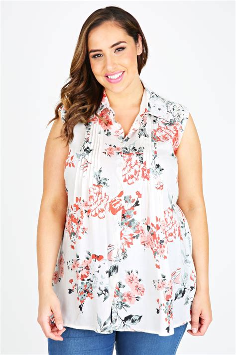 Ivory And Coral Sleeveless Floral Print Blouse Plus Size Blouses