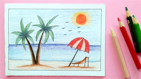 How To Draw Beach Scenery Summer Time Youtube