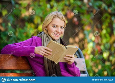Girl Sit Bench Relaxing With Book Fall Nature Background Lady Bookworm Read Book Outdoors Fall