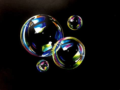 Three Soap Bubbles Floating In The Air On A Black Background