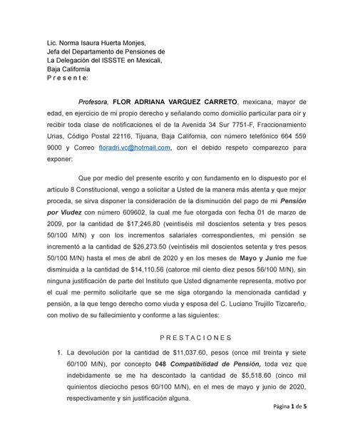 Escrito Solicitando Ajuste De Pension Por Viudez Lic Norma Isaura