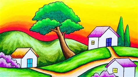 How To Draw Scenery Of A Village On The Hills Easy Village Scenery