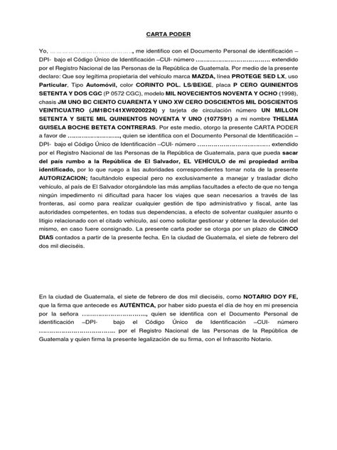 Carta Poder Para Autorizar Vehiculo Pdf Guatemala