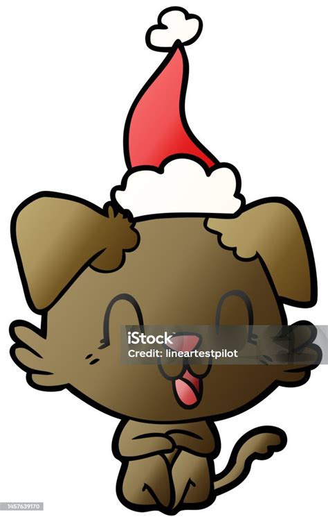 Laughing Hand Drawn Gradient Cartoon Of A Dog Wearing Santa Hat Stock