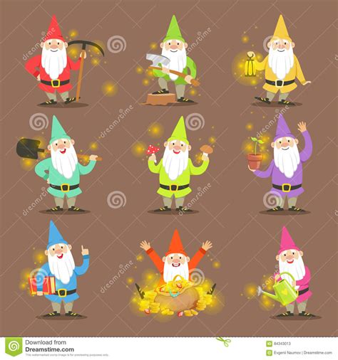 Classic Garden Gnomes In Colorful Outfits Set Of Cartoon Characters