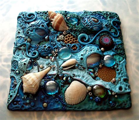 Mosaic Art Tile Polymer Clay Found Objects Sea Shells At Low Tide
