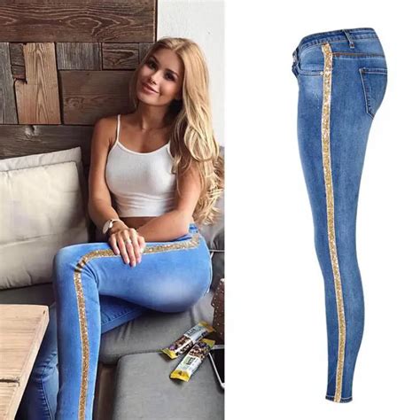 Womens Low Waist Jeans Gold Side Striped Elastic Jeans For Women