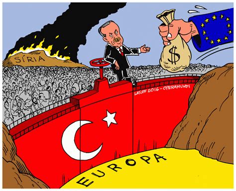 Opera Mundi Charge do Latuff Erdogan pede bilhões de euros à UE para conter refugiados na