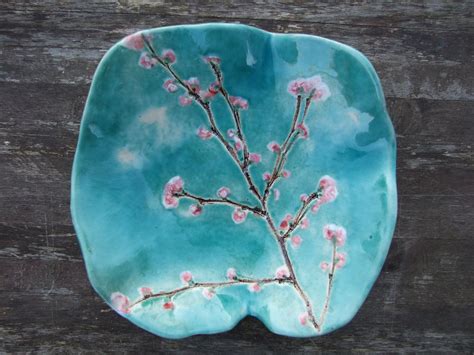 Ceramic Bowl Cherry Blossom Turquoise Pink White Sakura Made Etsy
