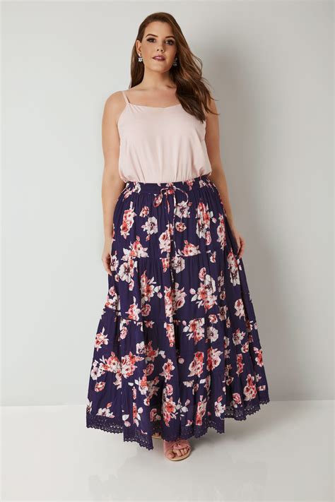 Navy And Pink Floral Print Tiered Maxi Skirt With Lace Trim Hem Plus Size 16 To 36 Fashion