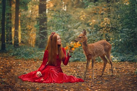 women model redhead profile women outdoors anastasiya dobrovolskaya forest dress red