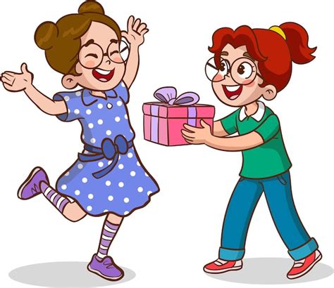 Premium Vector Smiling Little Girl Kid Giving Girl Birthday Ribbon