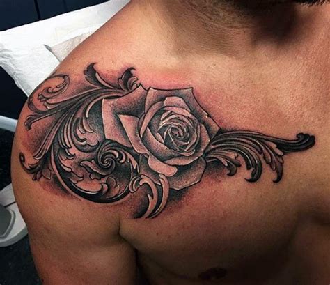 Rose Flower With Filigree Detail Mens Shoulder Tattoo Ideas More Cool