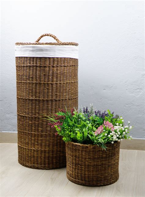 Tall Laundry Basket Wicker Large Basket With Liner Round Etsy