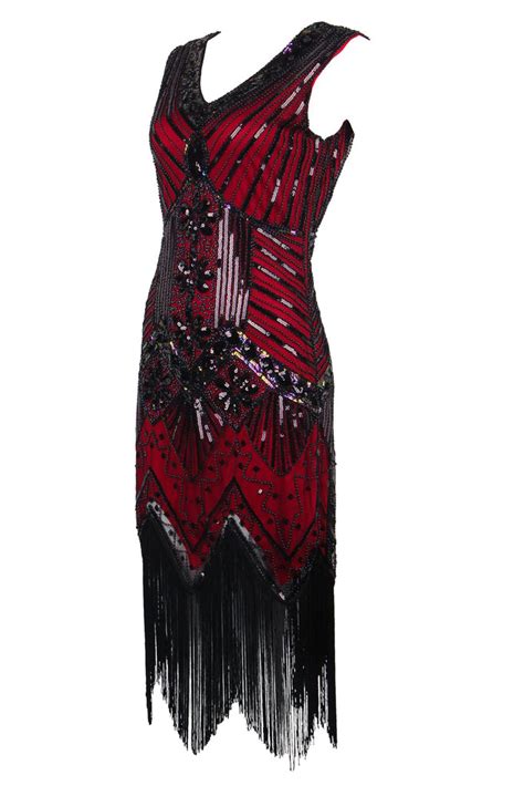 zapaka red v neck sleeveless sequins glitter 1920s bodycon fringe flapper dress zapaka
