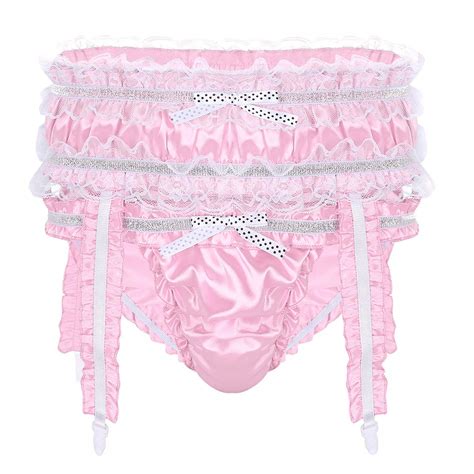 Buy Men S Pcs Shiny Satin Sissy Lingerie Set Frilly Ruffled Bikini Briefs Underwear With