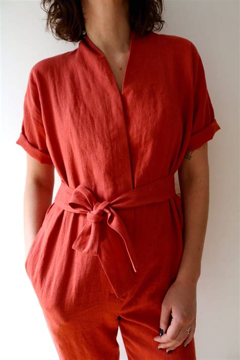 Linen Jumpsuit In Burnt Orange Short Sleeve Romper Linen Etsy Linen