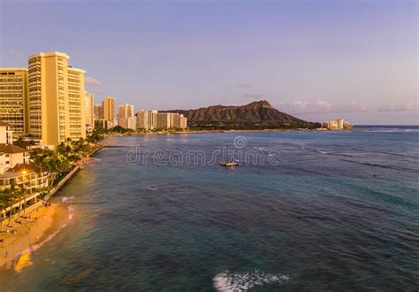Aerial View Of Waikiki Beach Towards Diamond Head At Sunset Stock Image