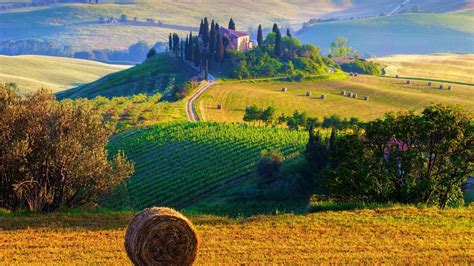 Haystacks Landscape Terraced Field Cottage Tuscany Italy