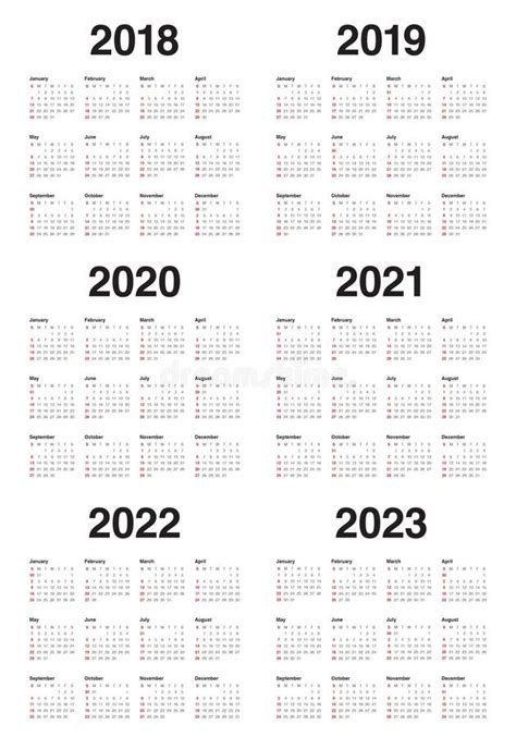 Year 2018 2019 2020 2021 2022 2023 Calendar Vector Stock Vector