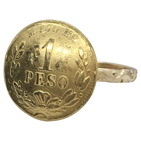 Dos Pesos Gold Coin Diamond Ring In 14k Yellow Gold For Sale At 1stdibs
