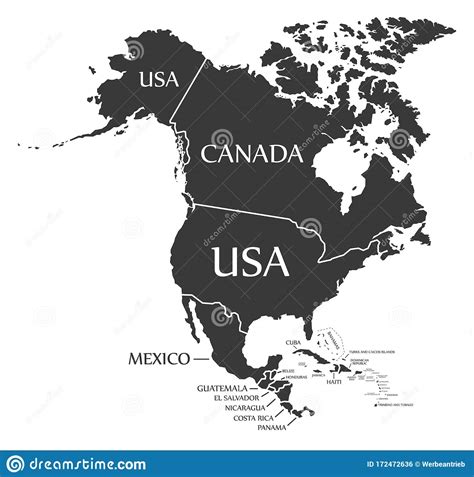 North America Continent Map With Countries And Labels Black Stock