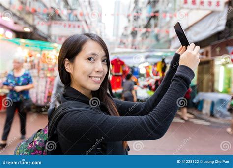 Woman Take Selfie In Hong Kong Temple Street Stock Photo Image Of