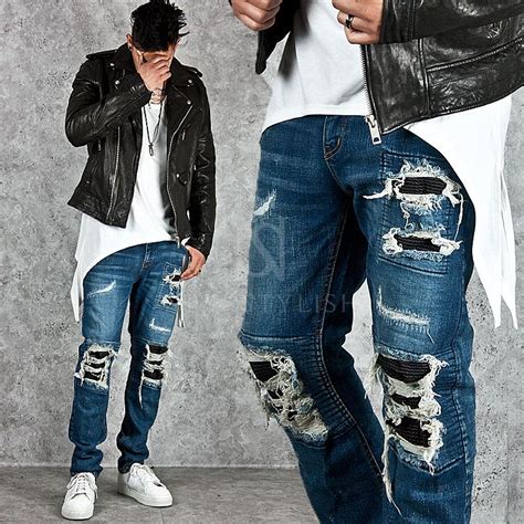 Distressed Pintuck Accent Slim Denim Jeans 224 Slim Denim Stylish