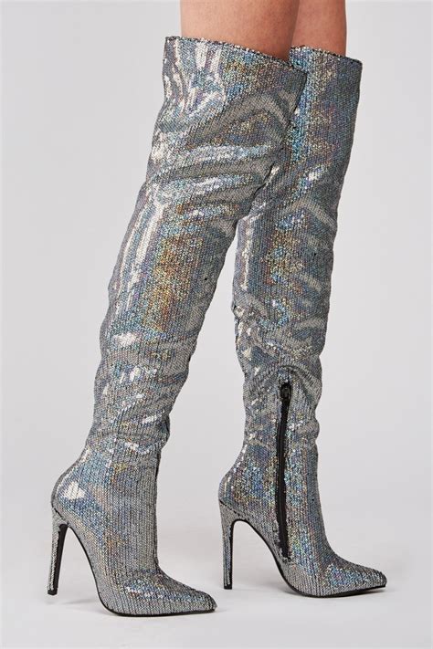 Sequin Over The Knee Heeled Boots Silvermulti Just 7