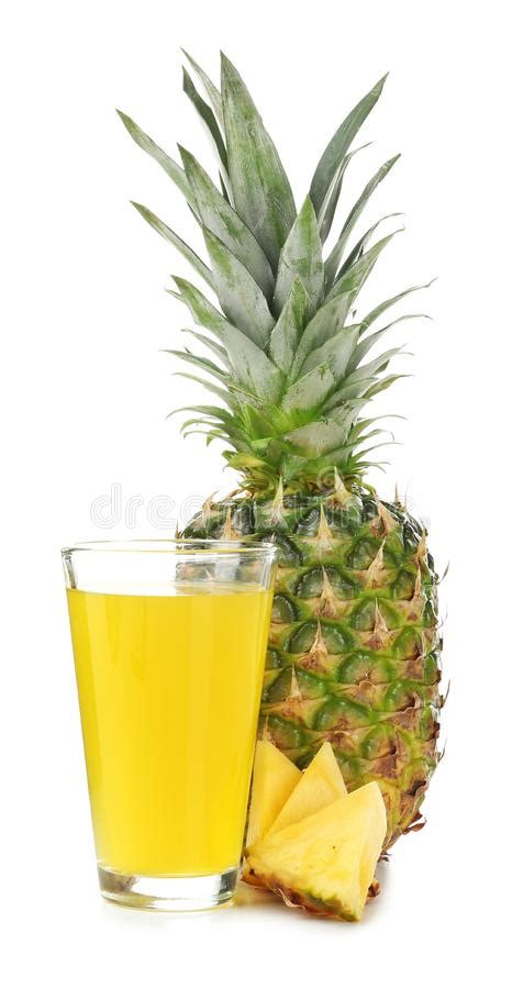 Glass With Delicious Pineapple Juice And Fresh Fruit On White