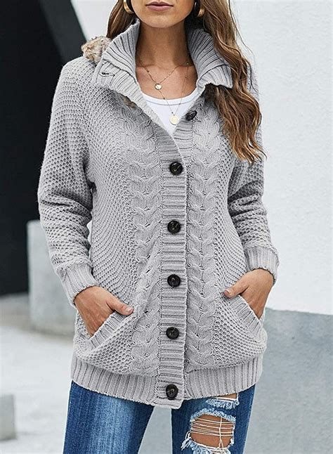 Women Hooded Knit Cardigans Button Cable Sweater Coat Cute Sweaters