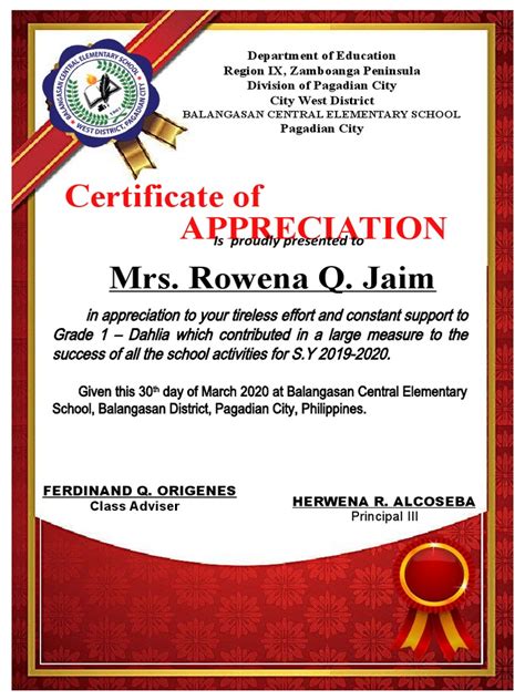 Certificate Of Appreciation Mrs Rowena Q Jaim Pdf